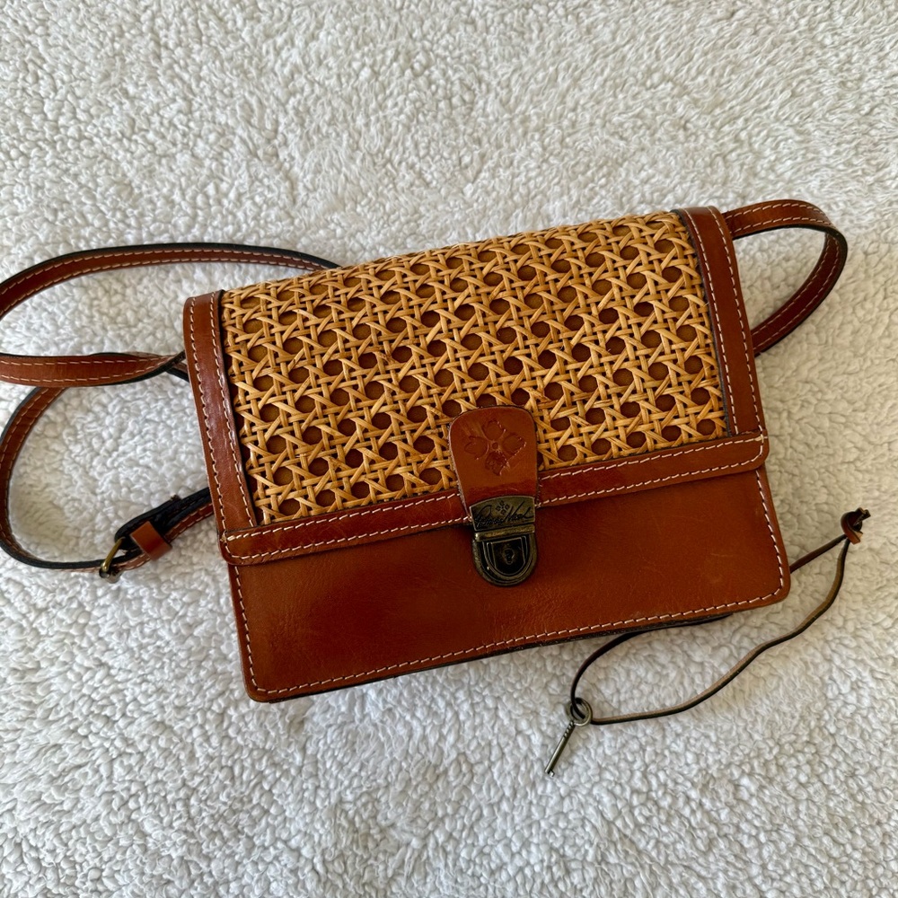 Patricia Nash Brown Italian Cane Rattan Webbing Leather Crossbody/Wristlet